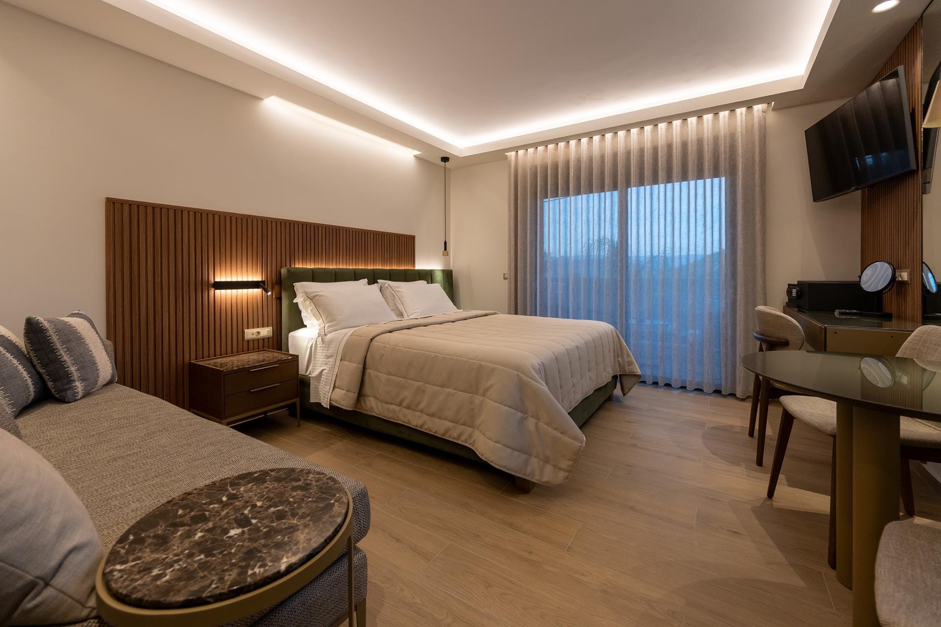 a hotel room with two beds