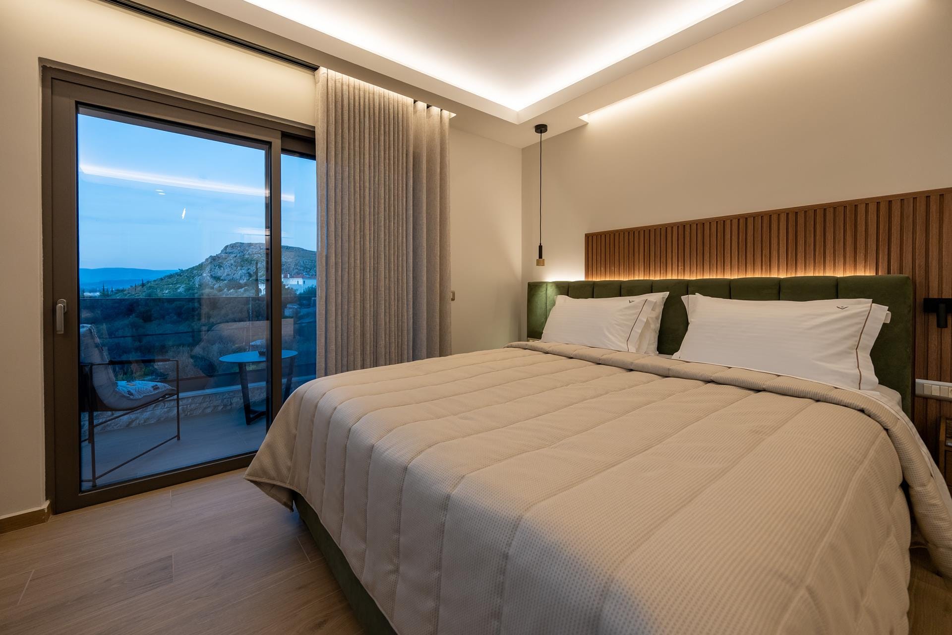 a hotel room with a large window