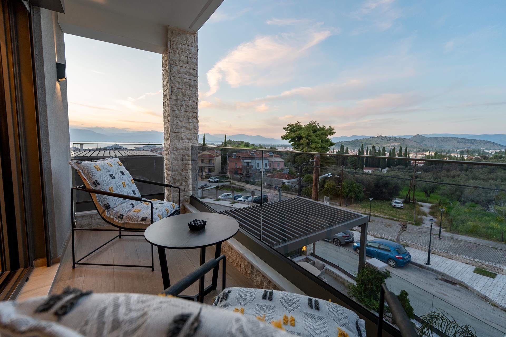 a view of a balcony and a pool