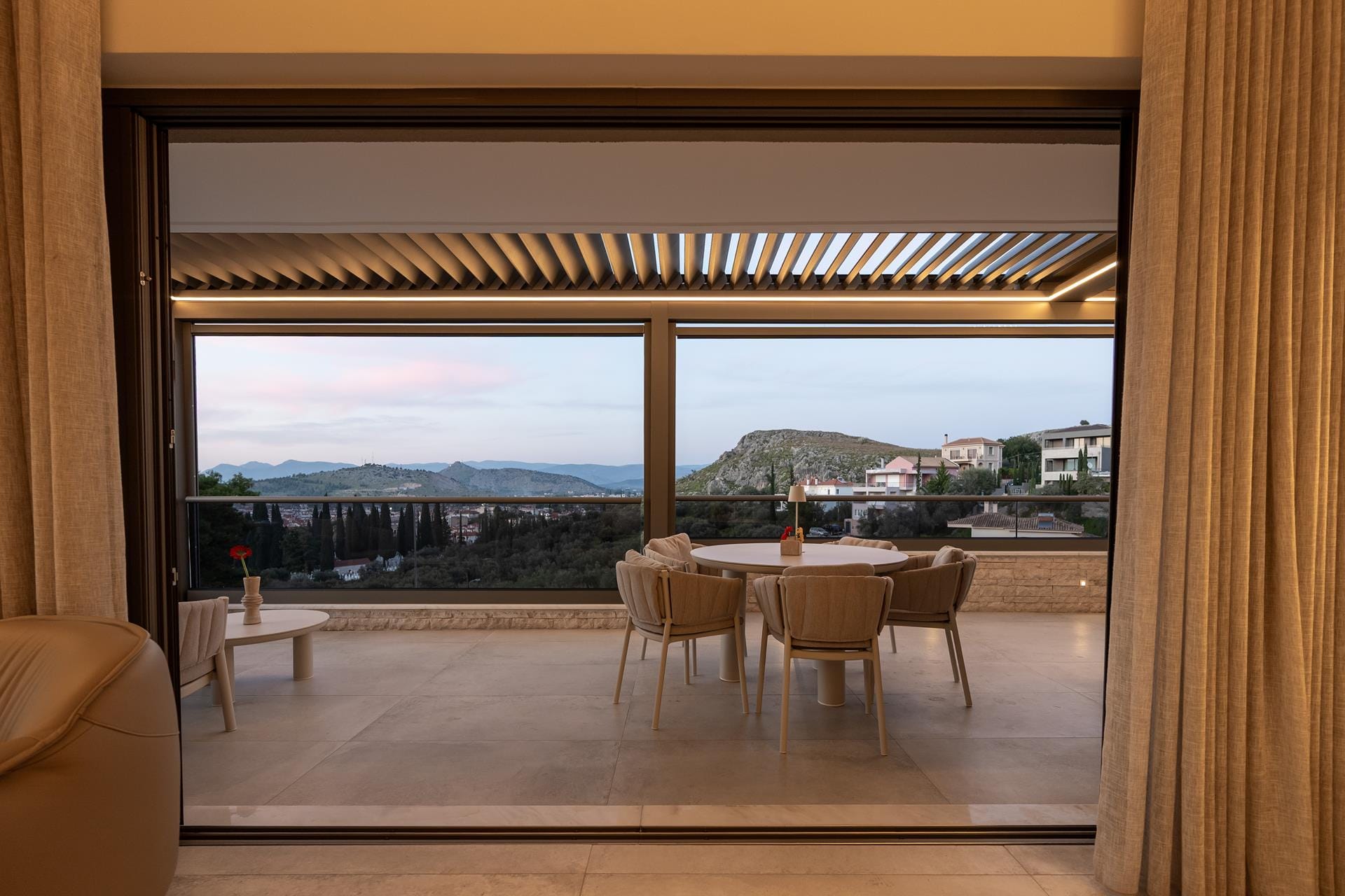 a room with a table and chairs