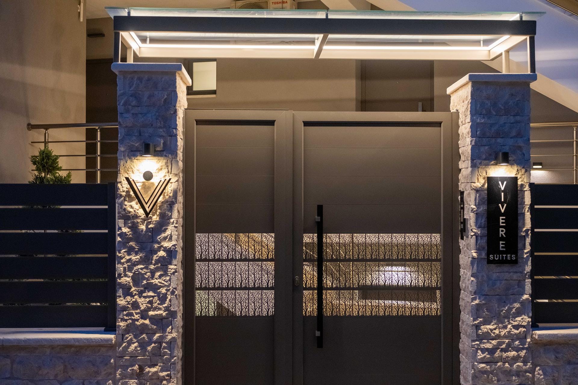 a building with a large glass door