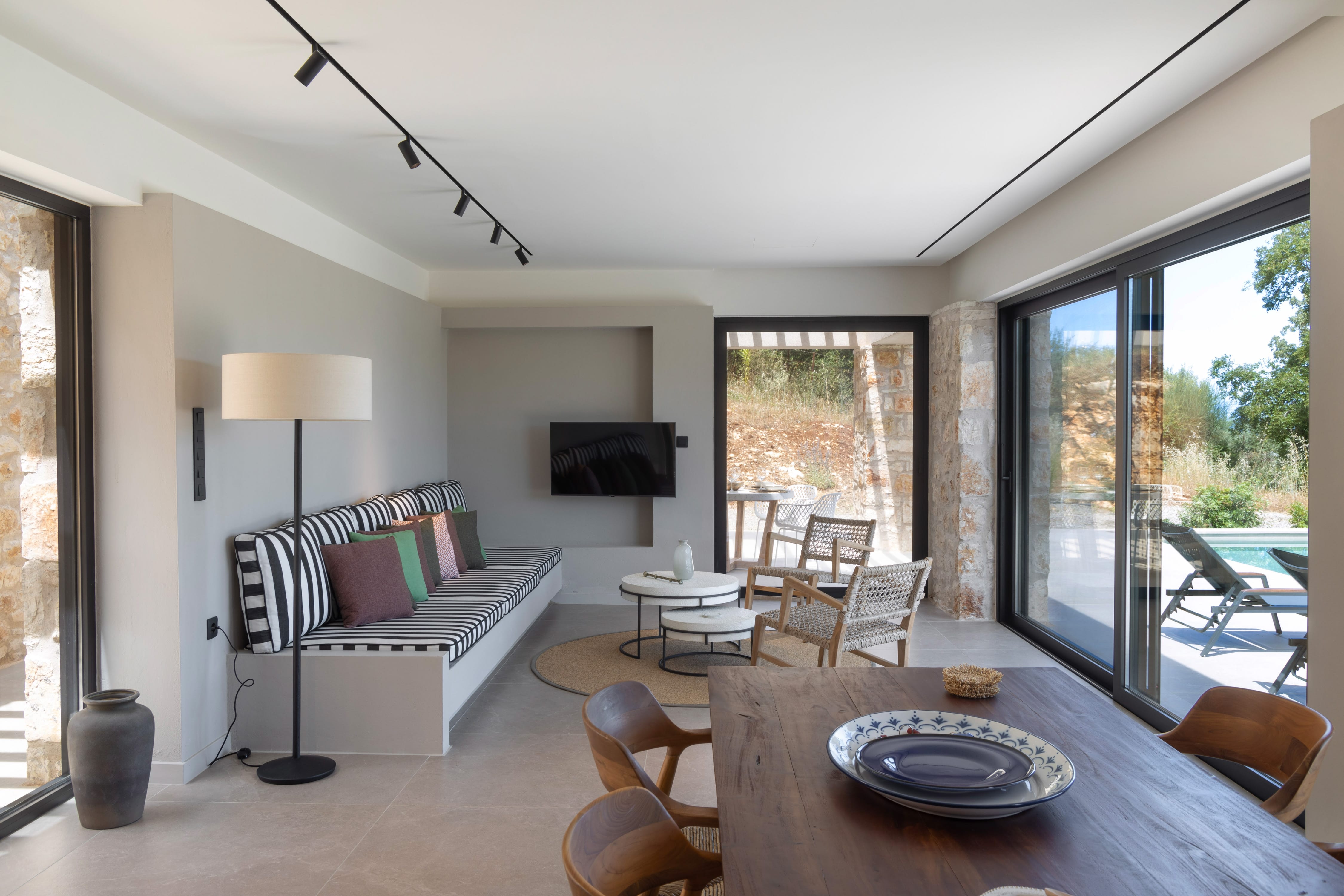 a living room with a fireplace