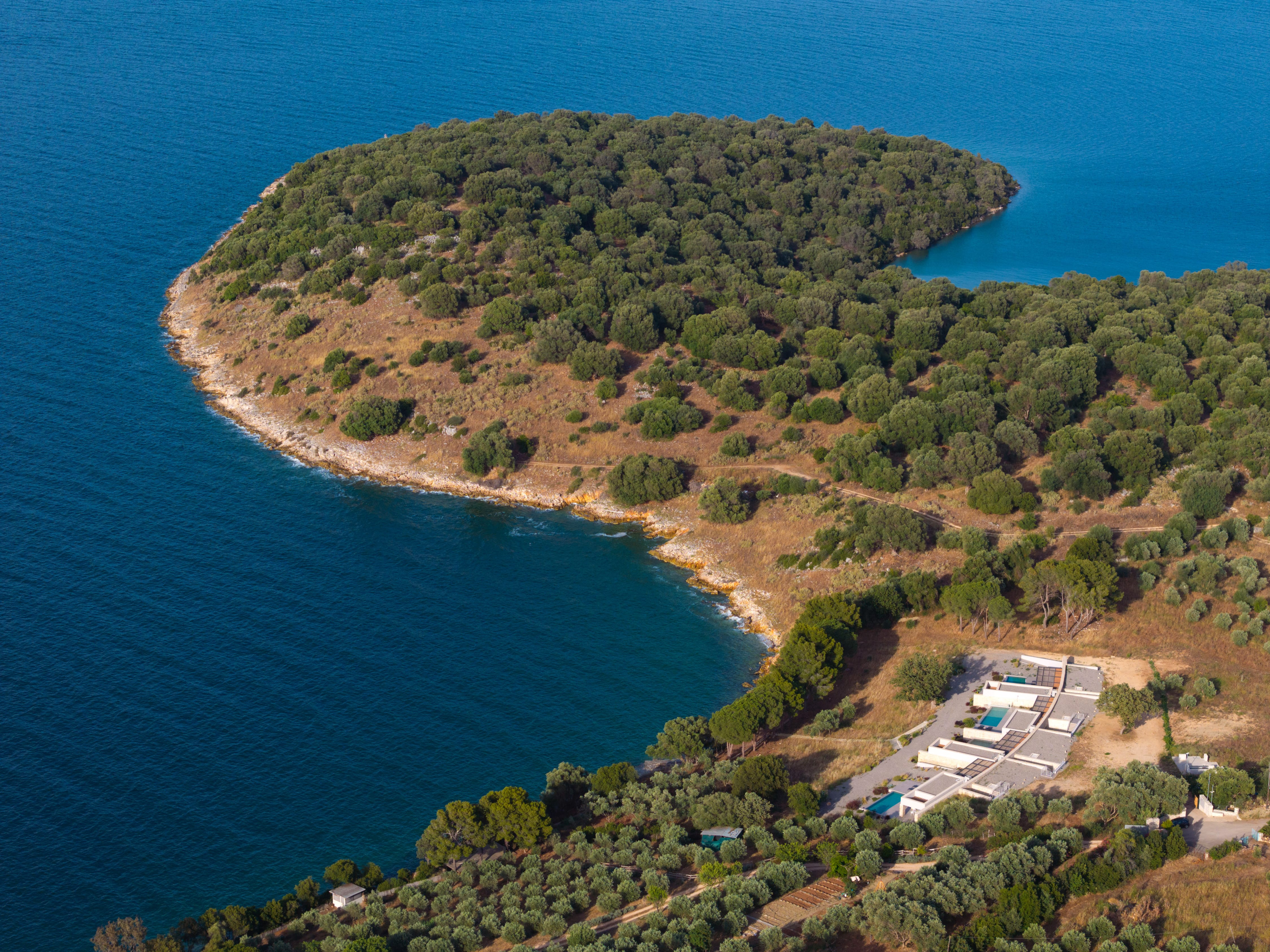 an island with trees and buildings