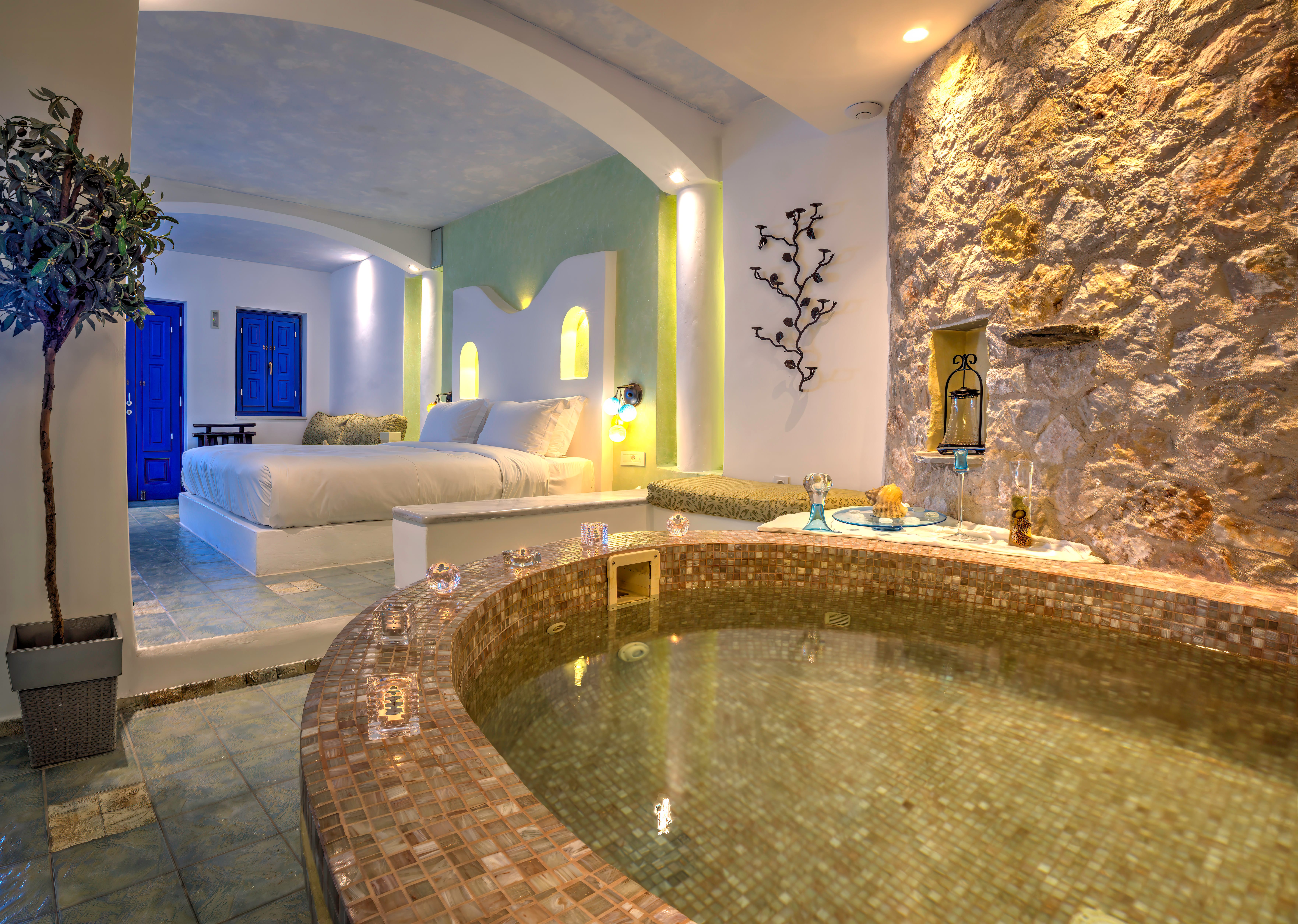 a large room with a large pool