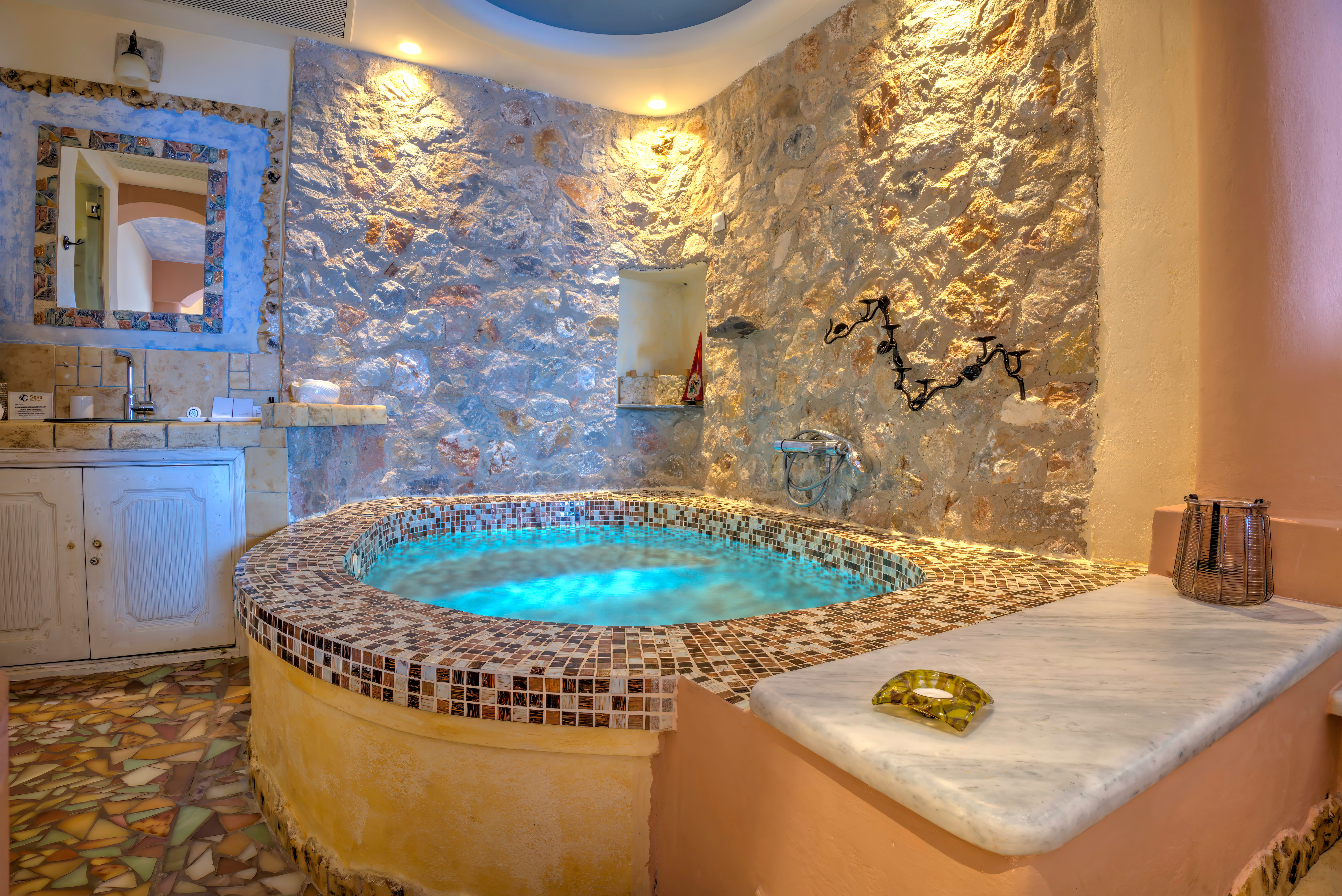 a bathroom with a large tub