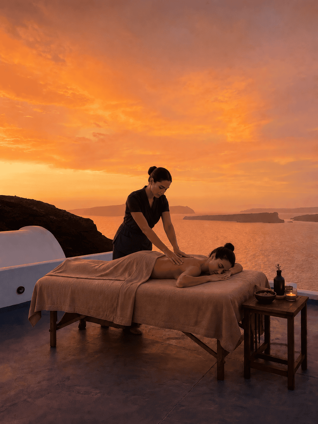a person sitting on a bed with a dog on the side