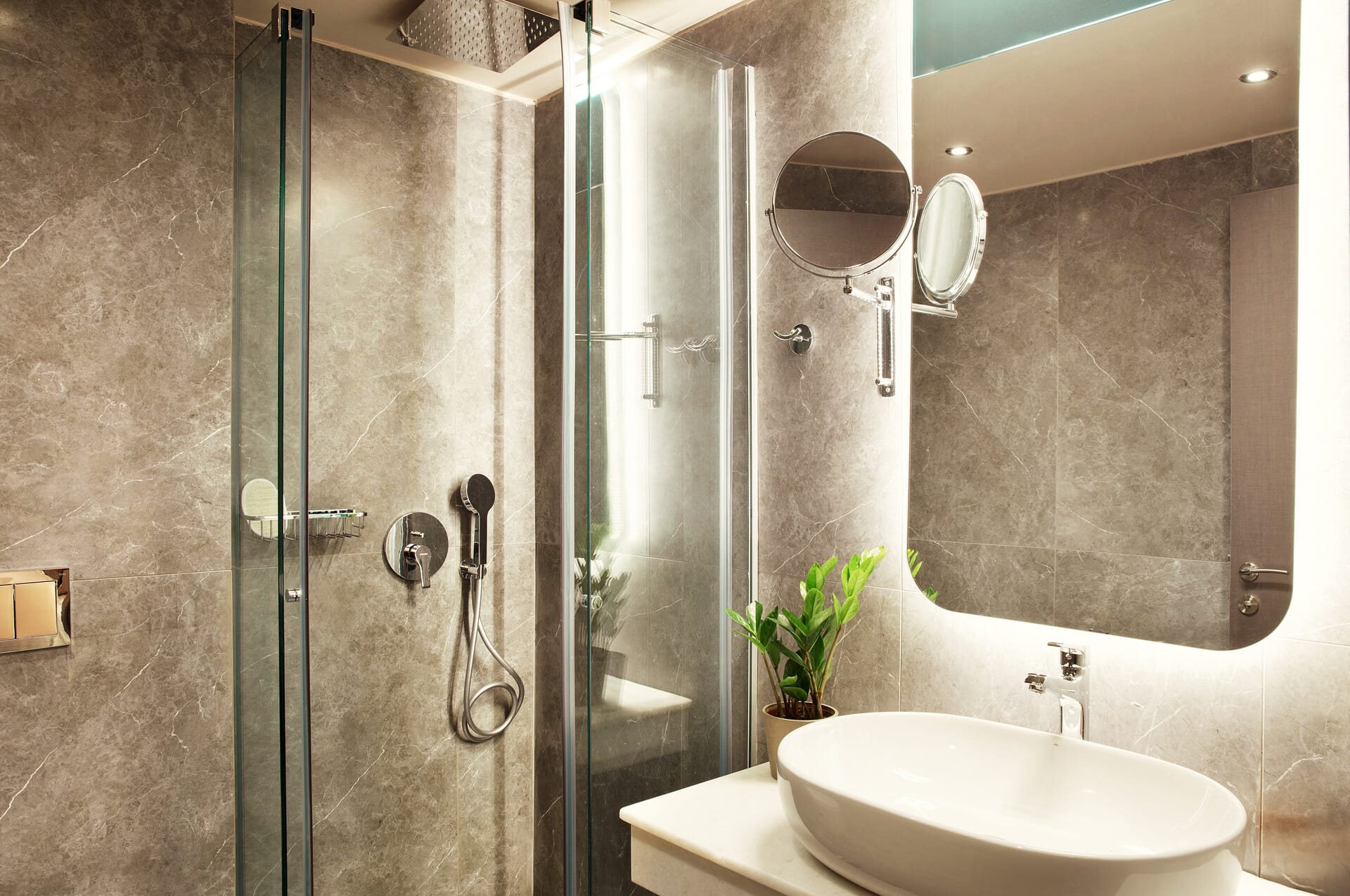 a bathroom with a glass shower