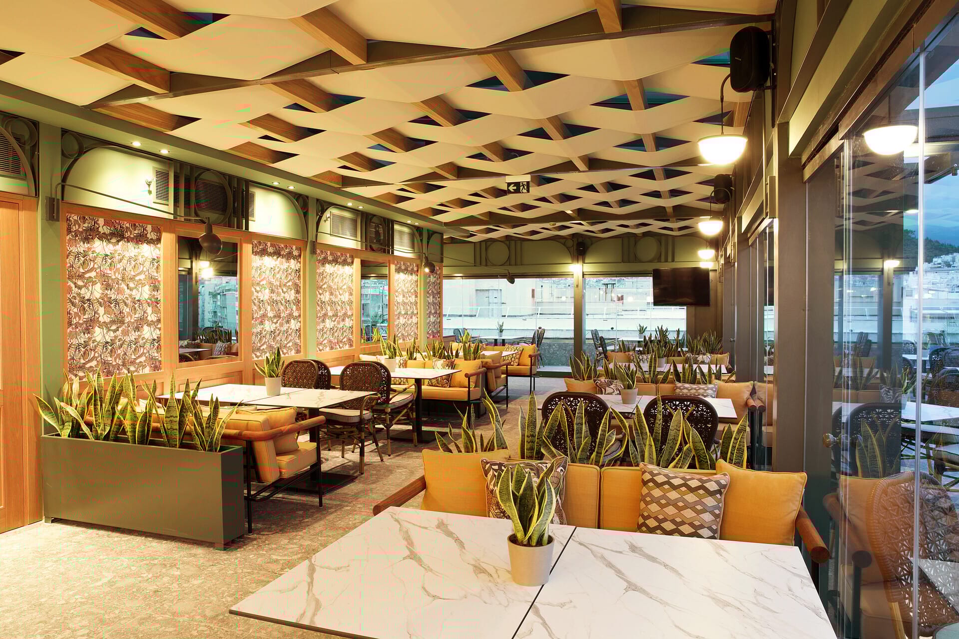 a room with tables and chairs