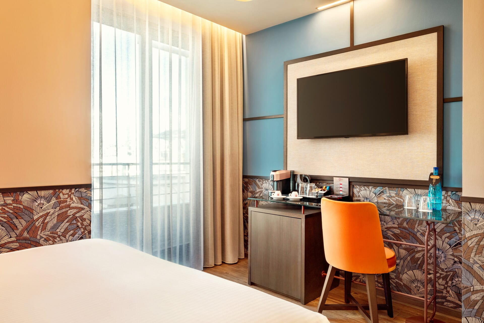 a room with a tv and a table