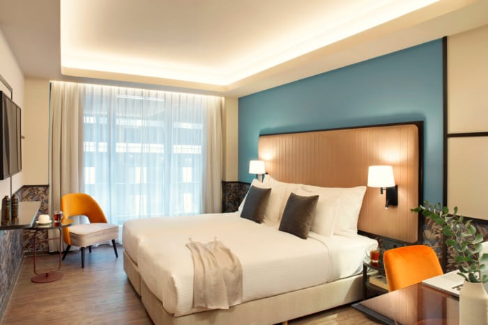 a bedroom with a large bed