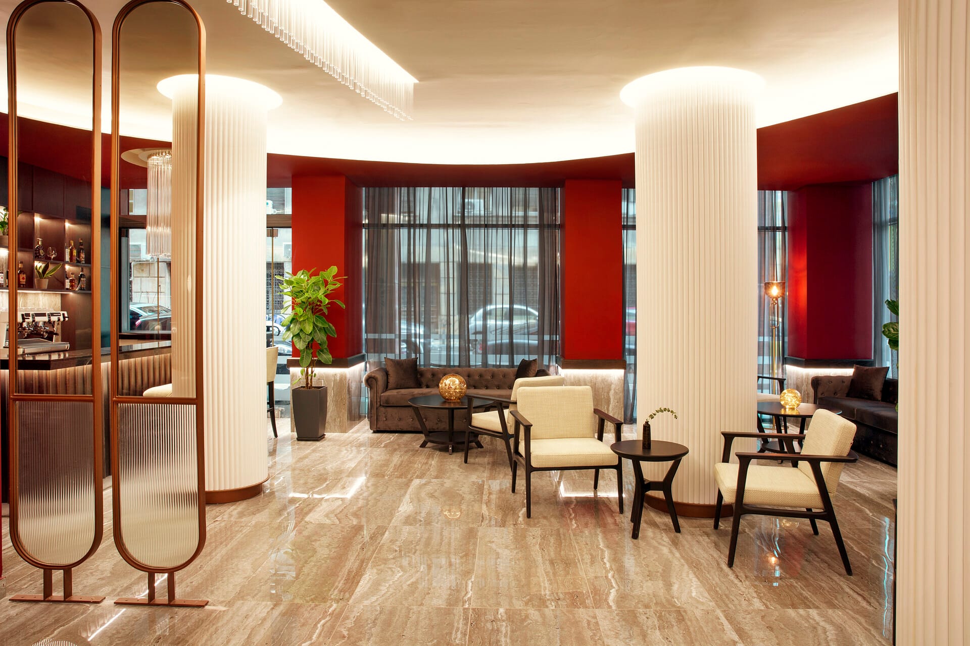 a room with a large glass door