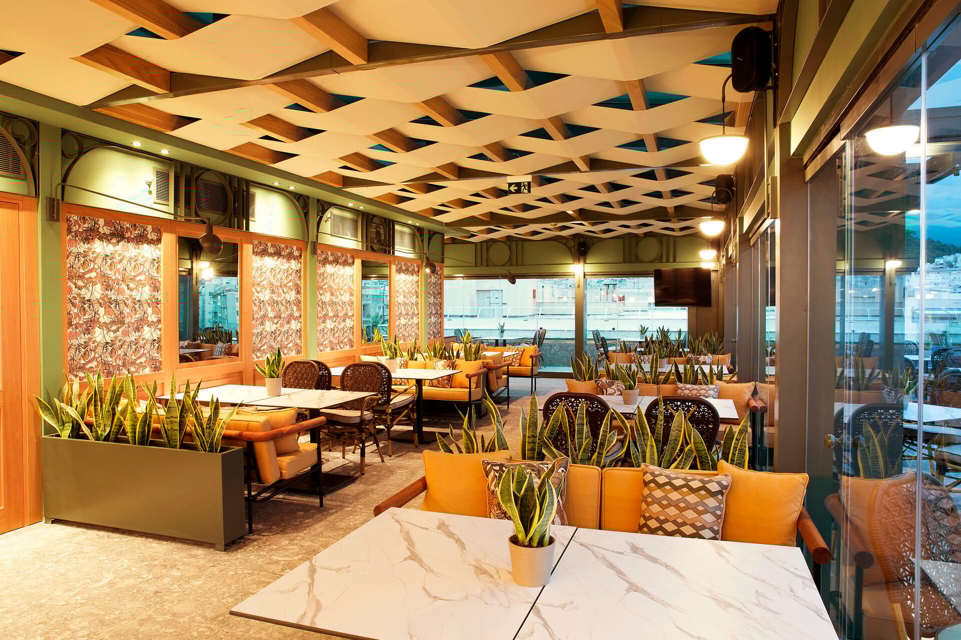 a room with tables and chairs