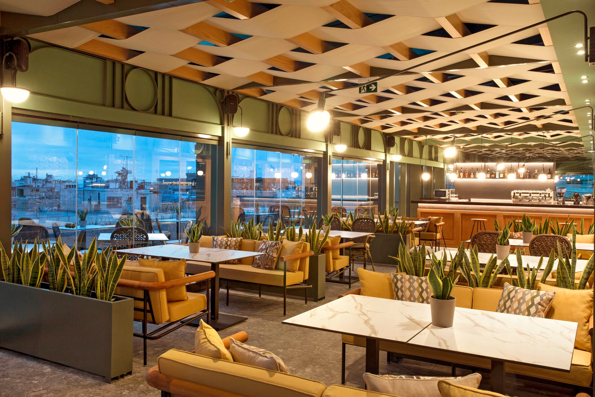 a room with tables and chairs