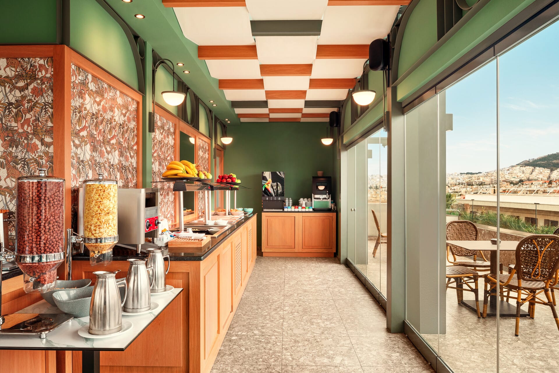 a kitchen with a large window