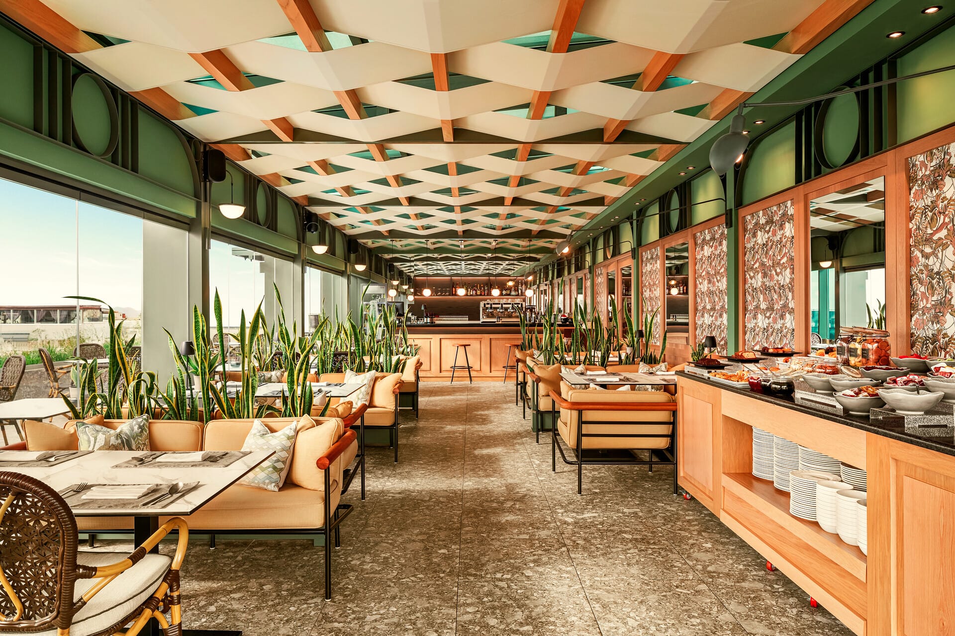 a large room with tables and chairs