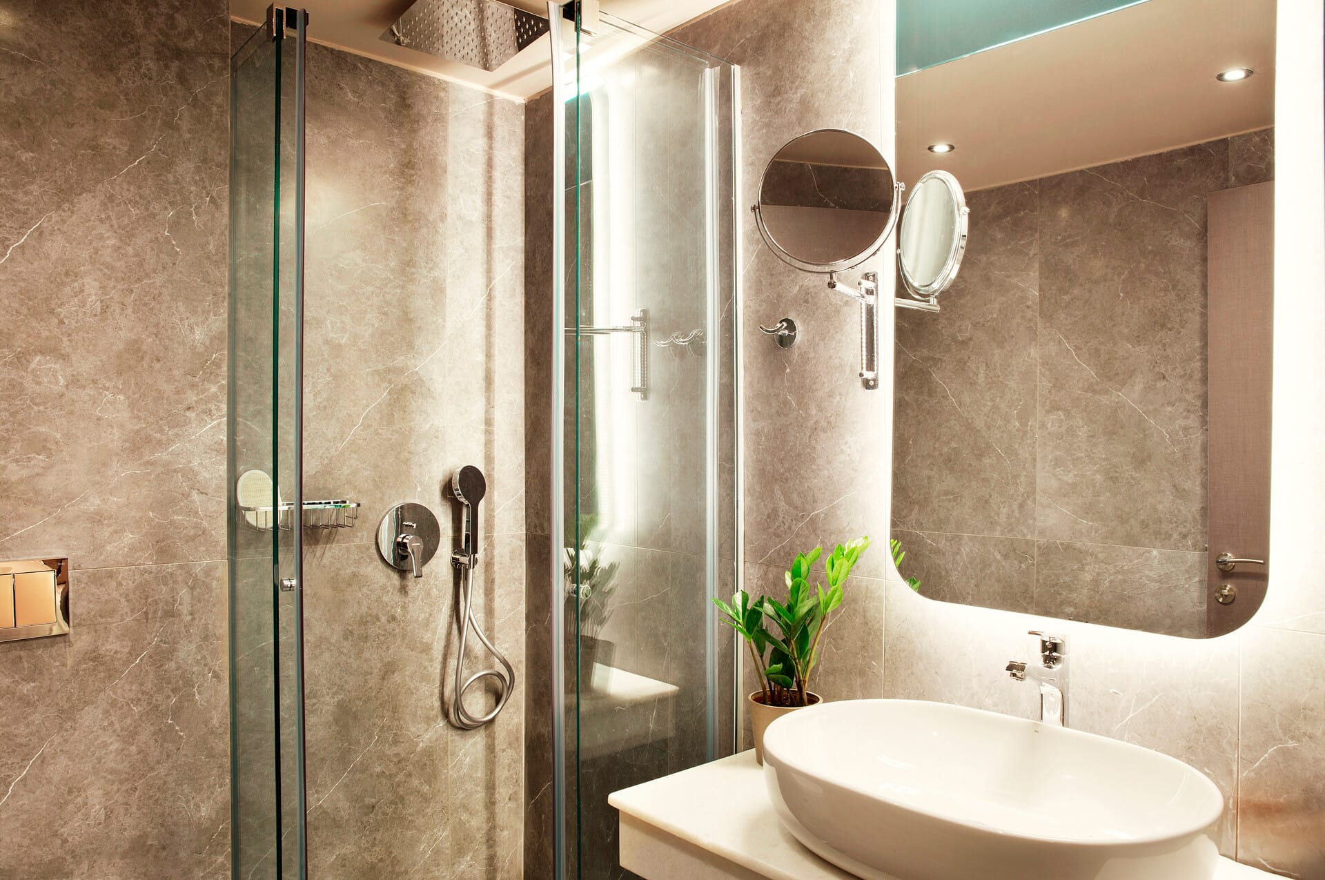 a bathroom with a glass shower