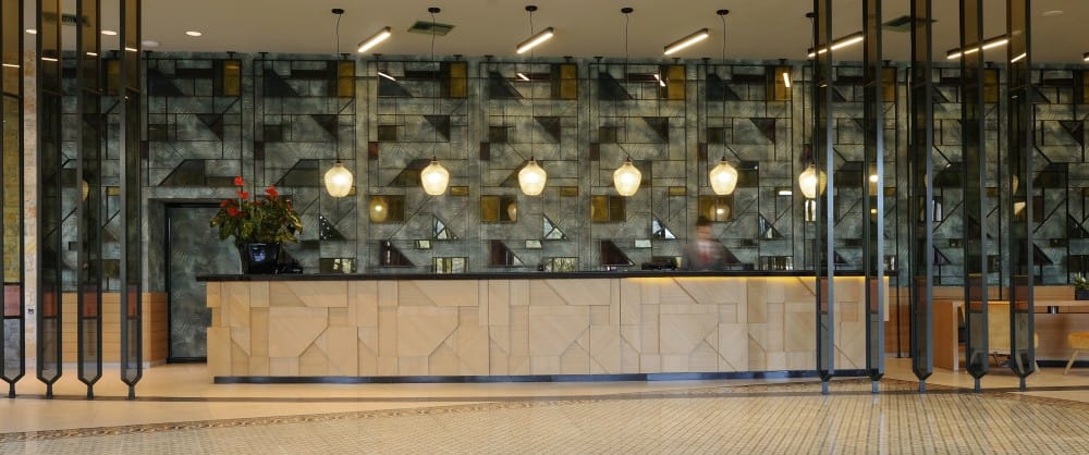 a room with a large glass wall