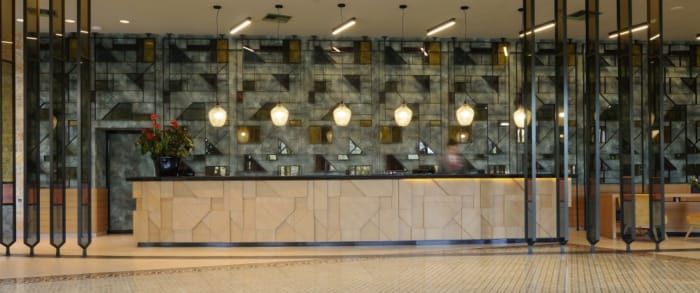 a room with a large glass wall