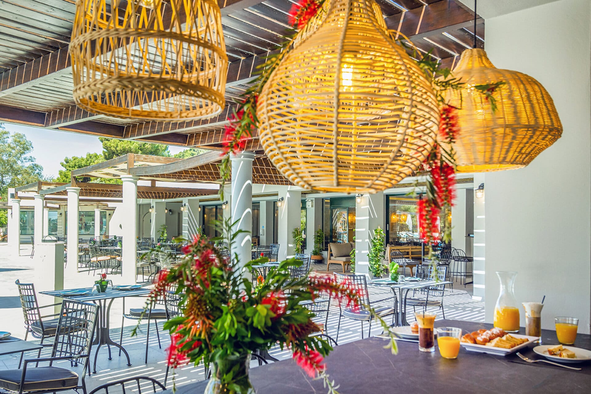 a table with food and umbrellas