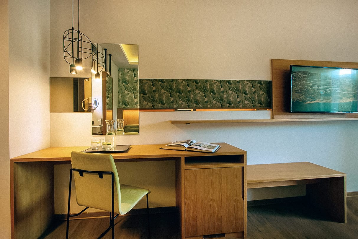 a desk and chair in a room