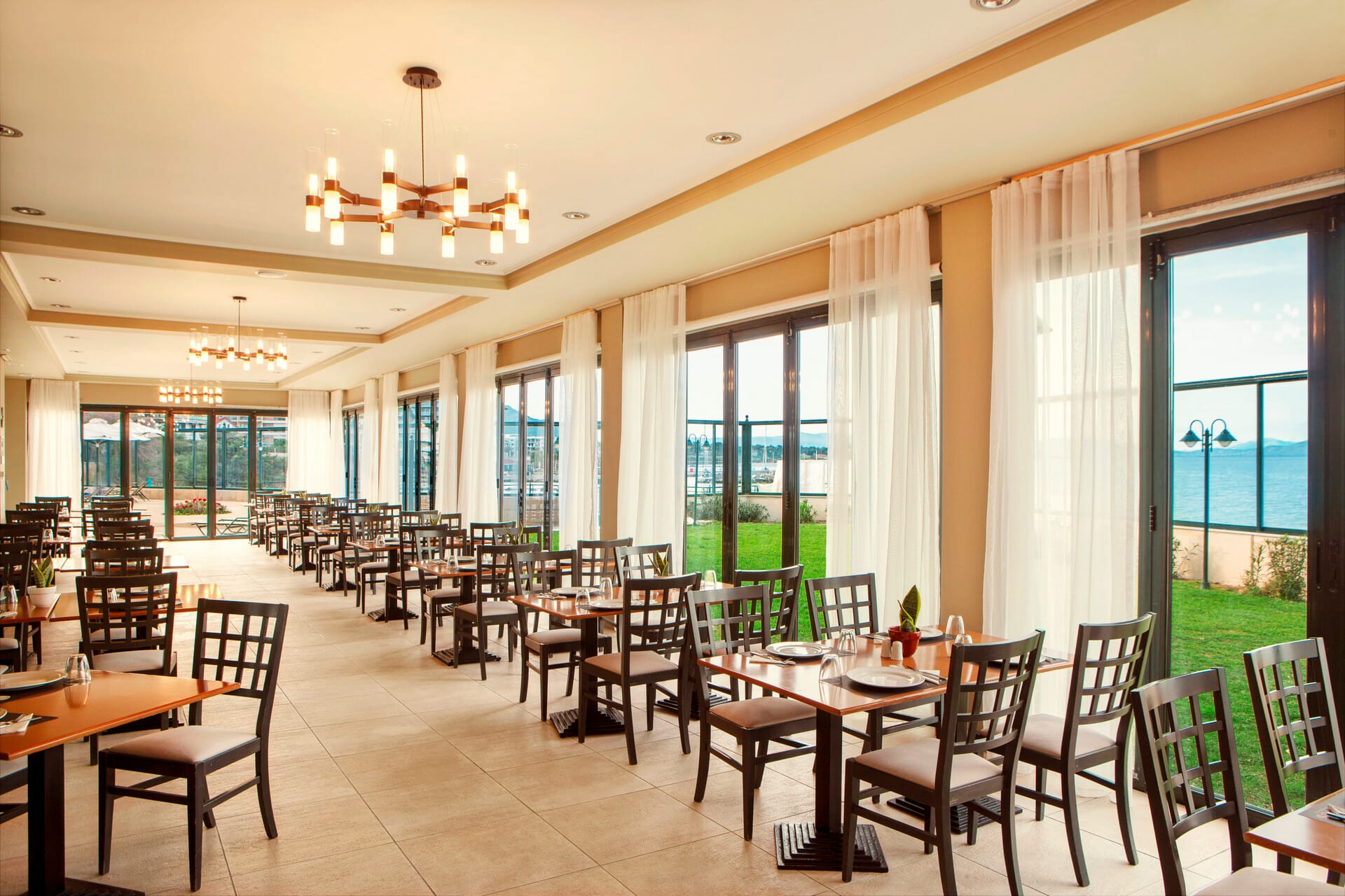 a room with tables and chairs