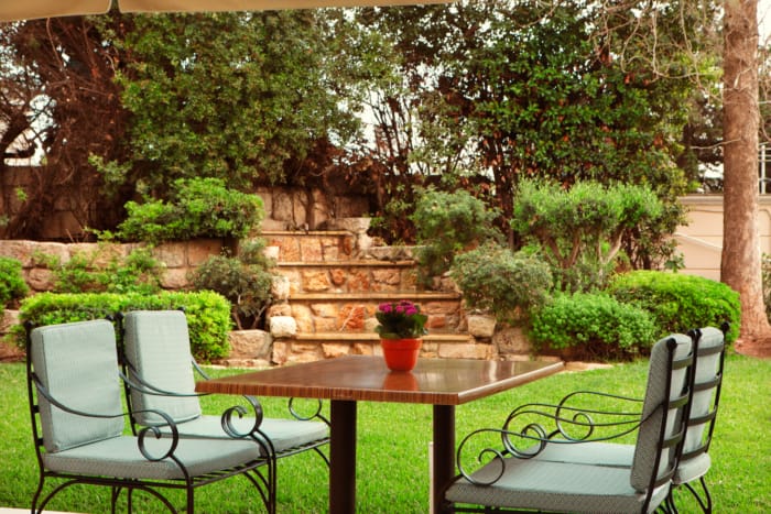 a table and chairs outside