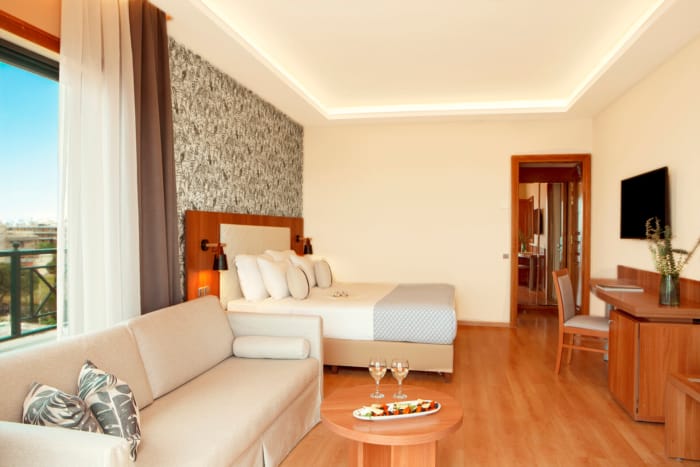 a living room with a large window