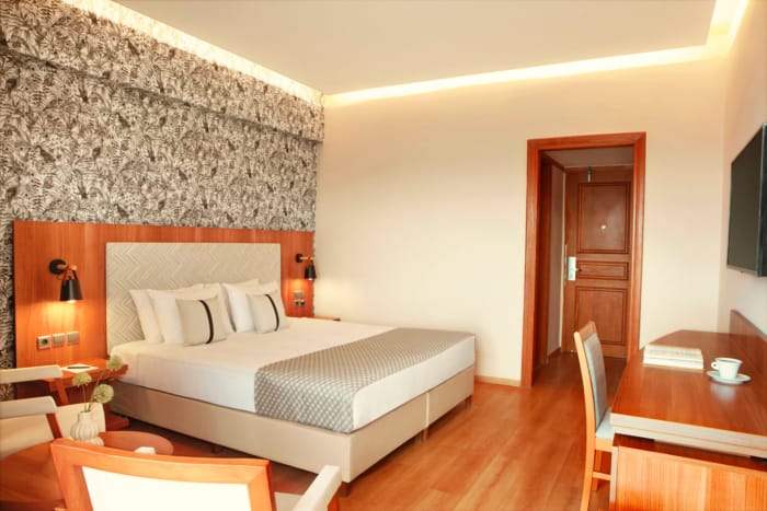 a bedroom with a bed and a desk