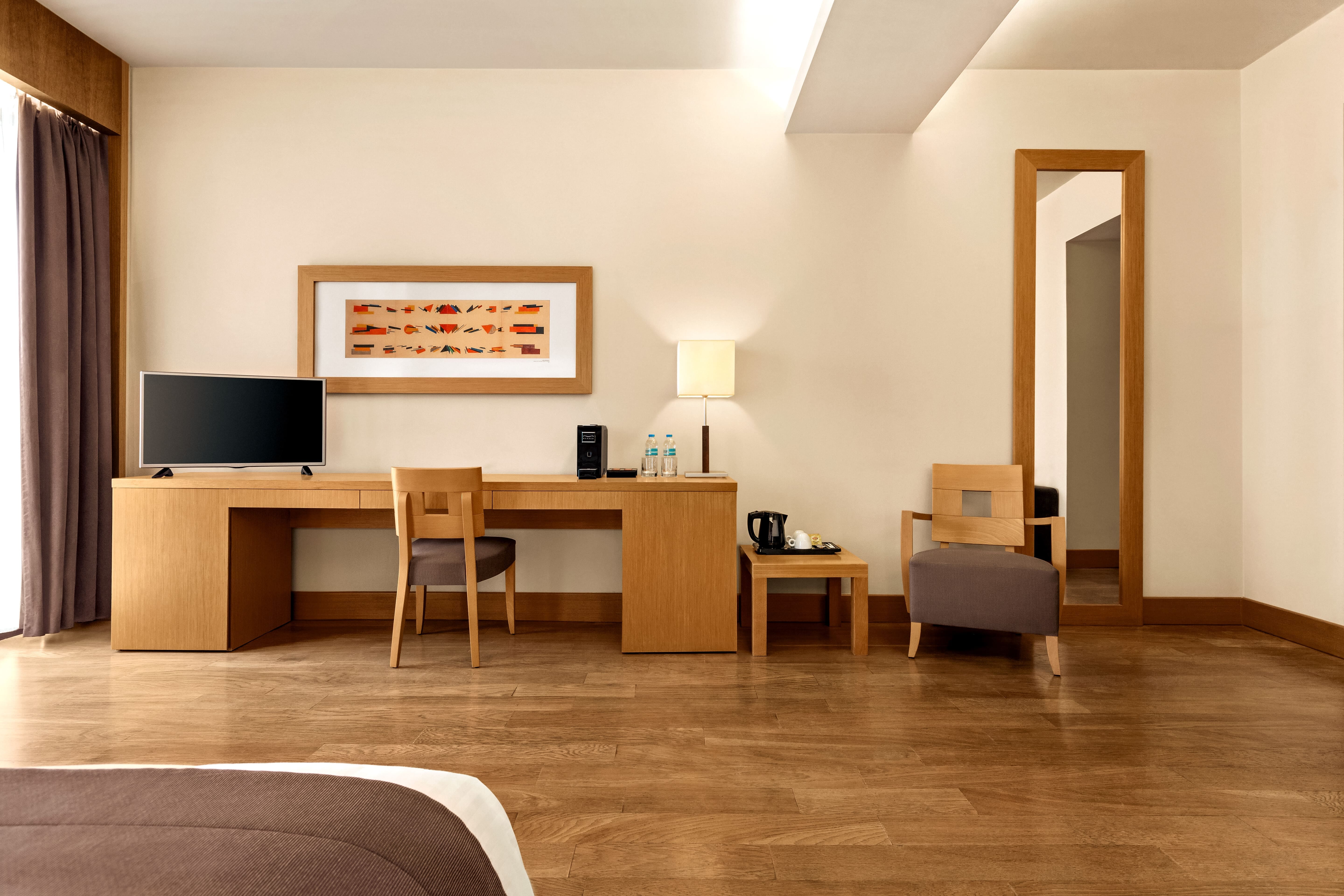 a room with a desk and chair