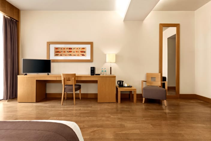 a room with a desk and chair