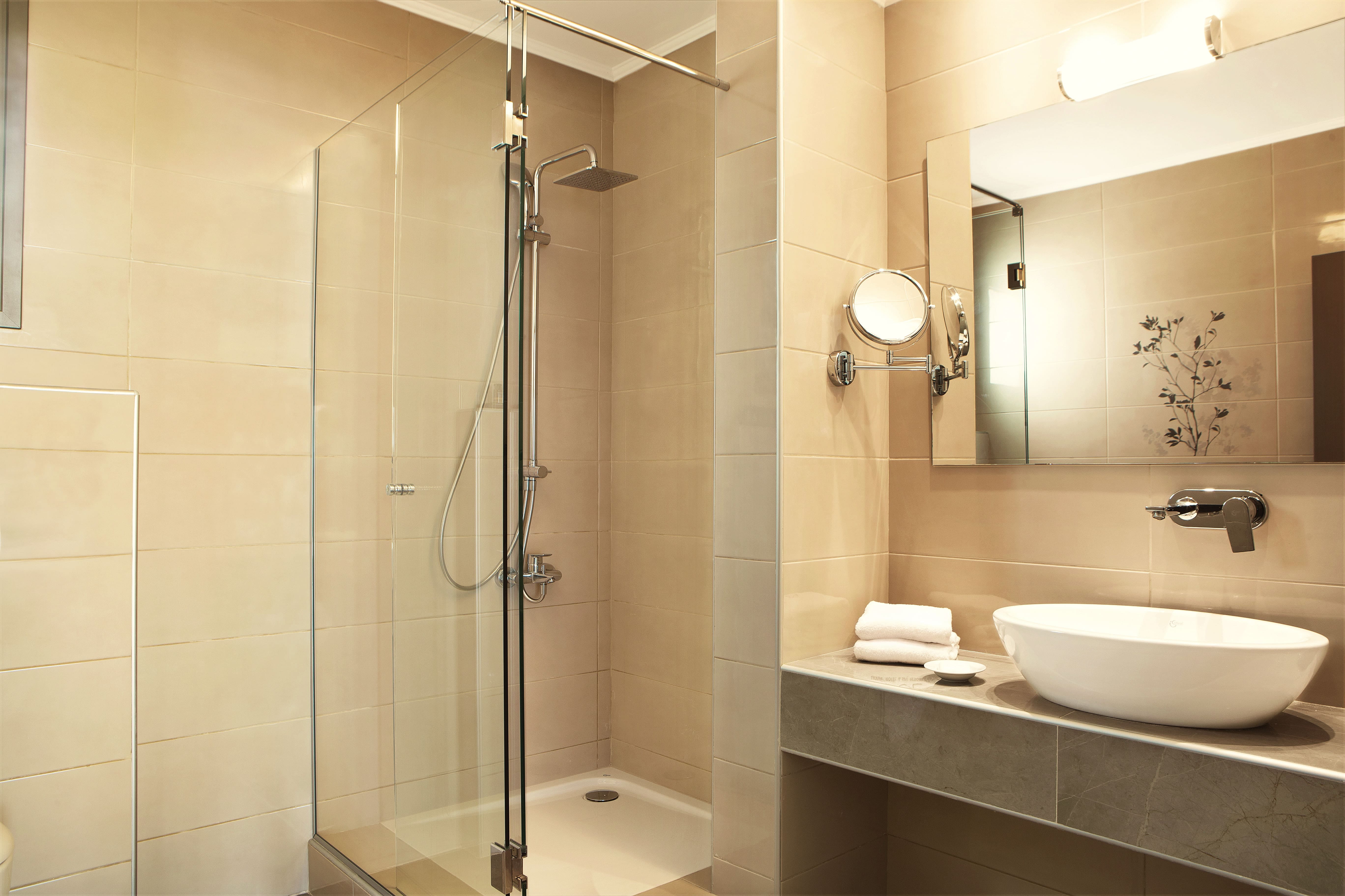 a bathroom with a glass shower