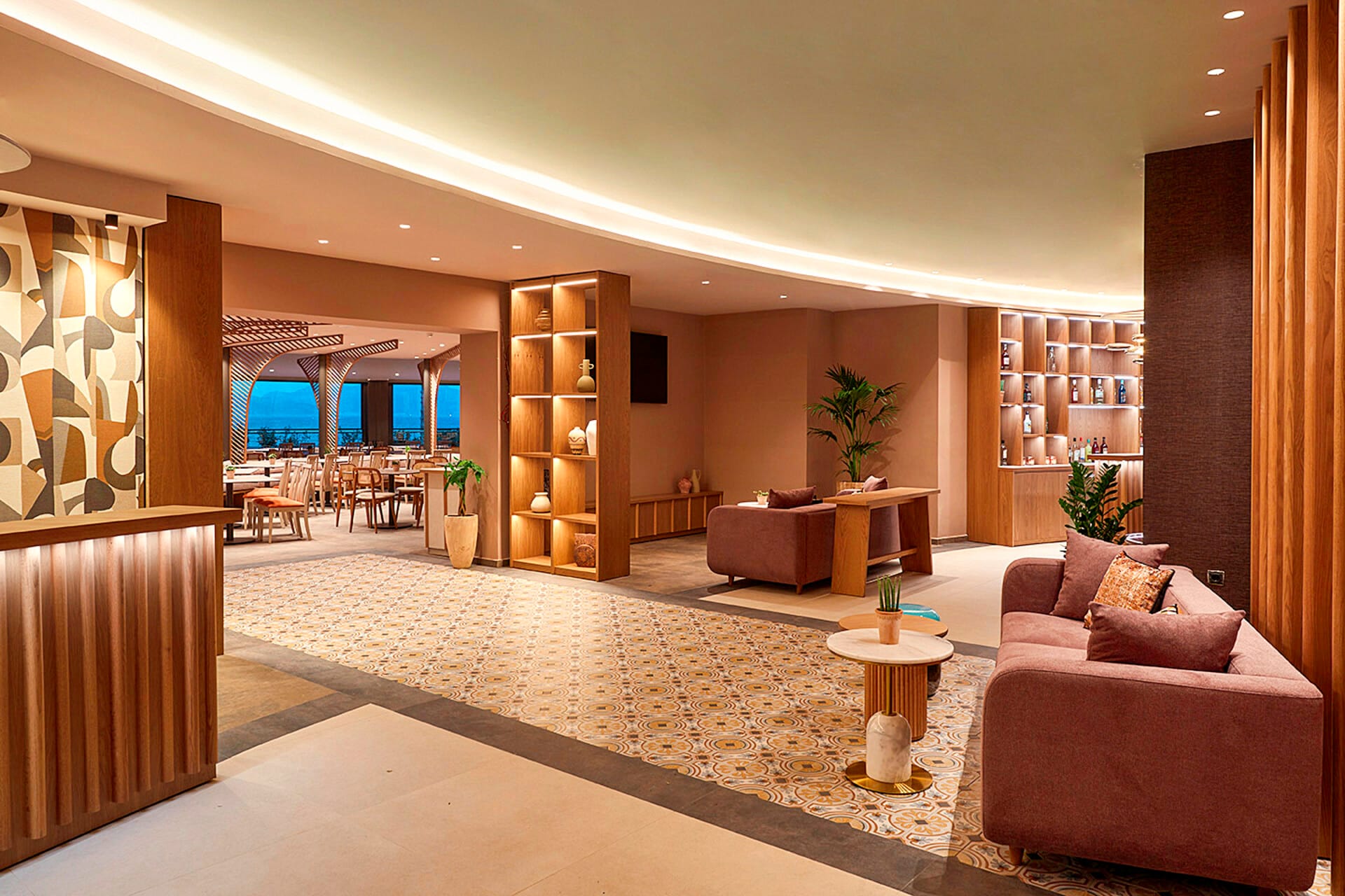 a large room with a large bookcase and a table