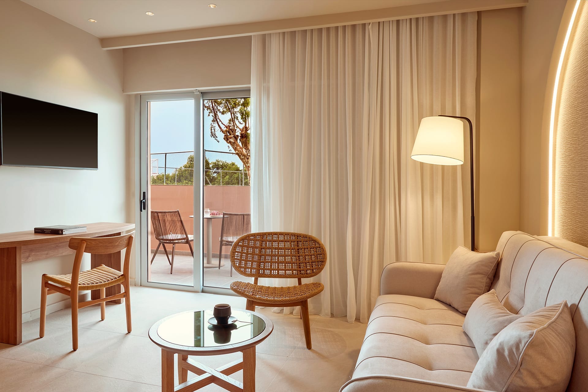 a living room with a large glass door