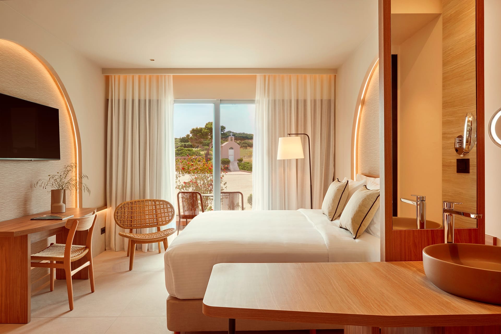 a room with a bed and a table