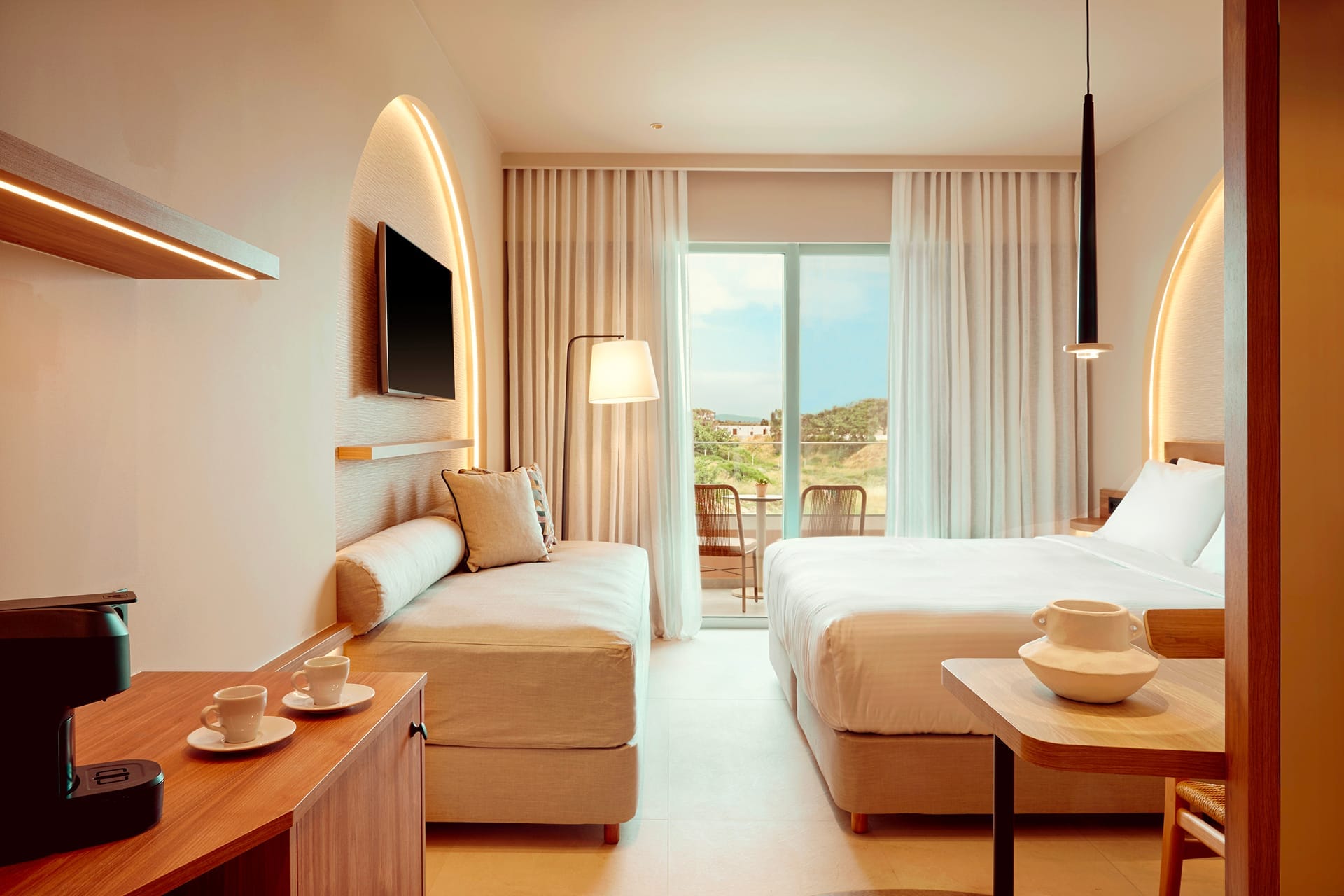 a hotel room with a large window