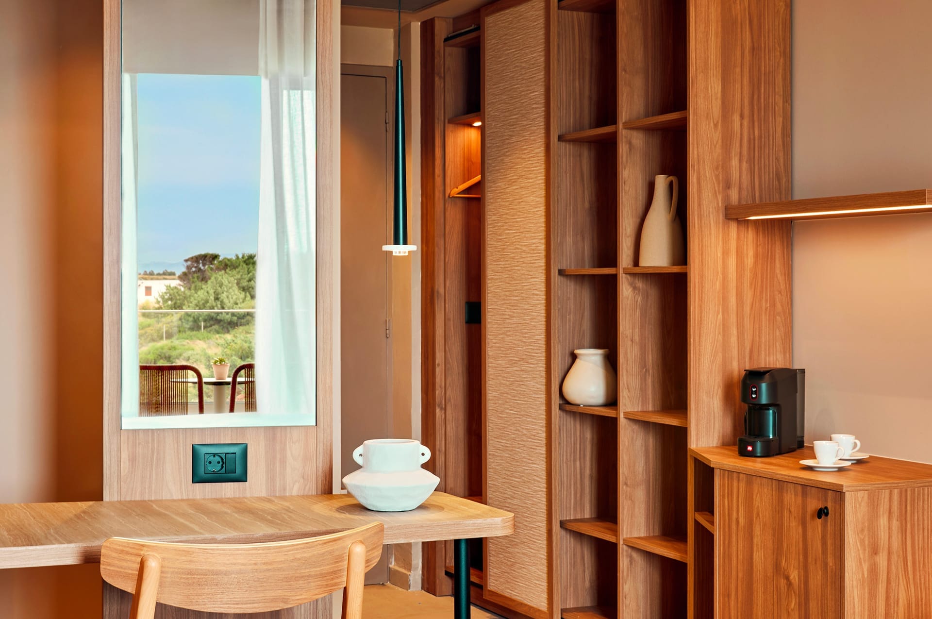 a table and chairs in a room