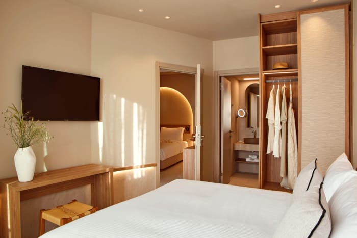 a bedroom with a bed and a tv