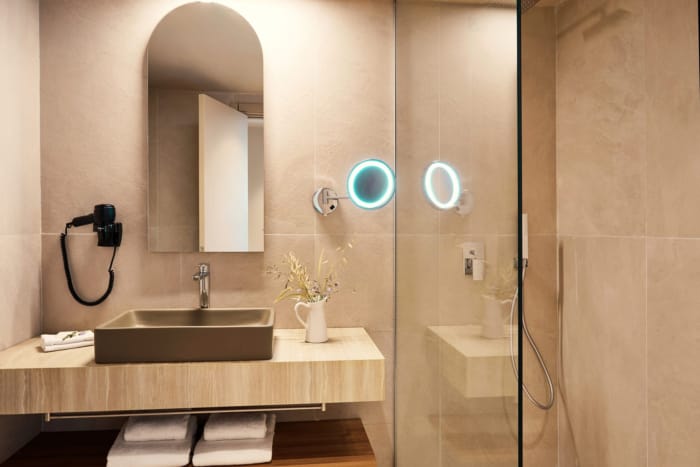 a bathroom with a sink and a mirror