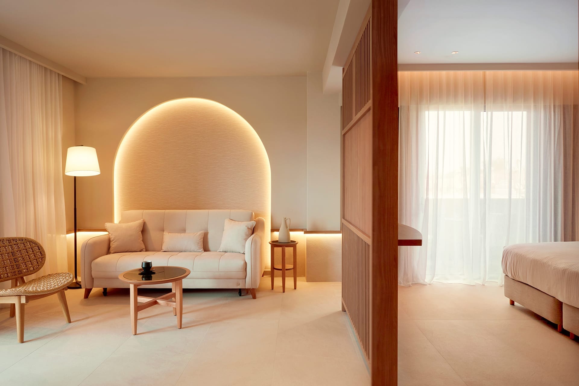 a living room with a couch and a table