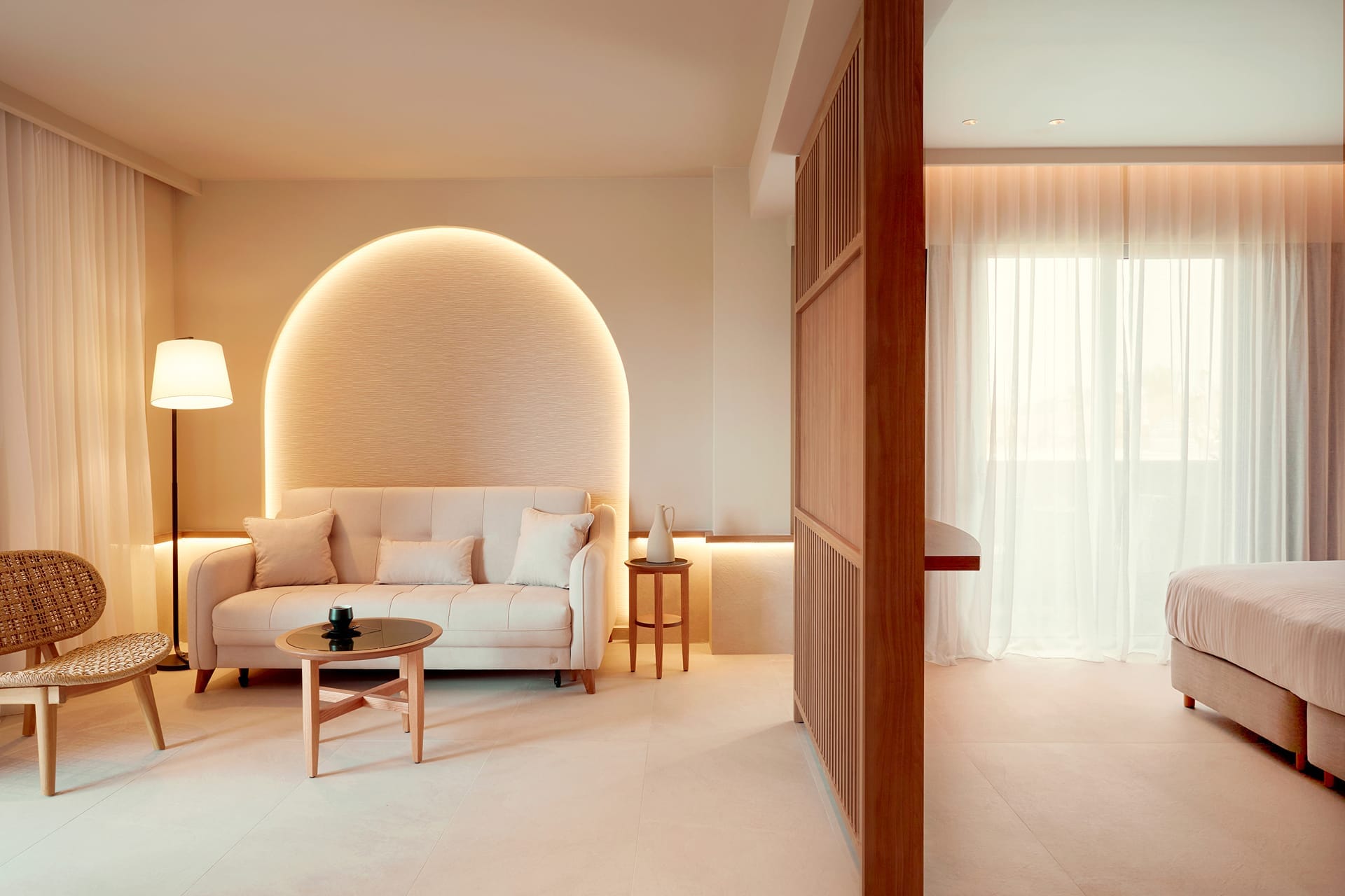 a living room with a couch and a table