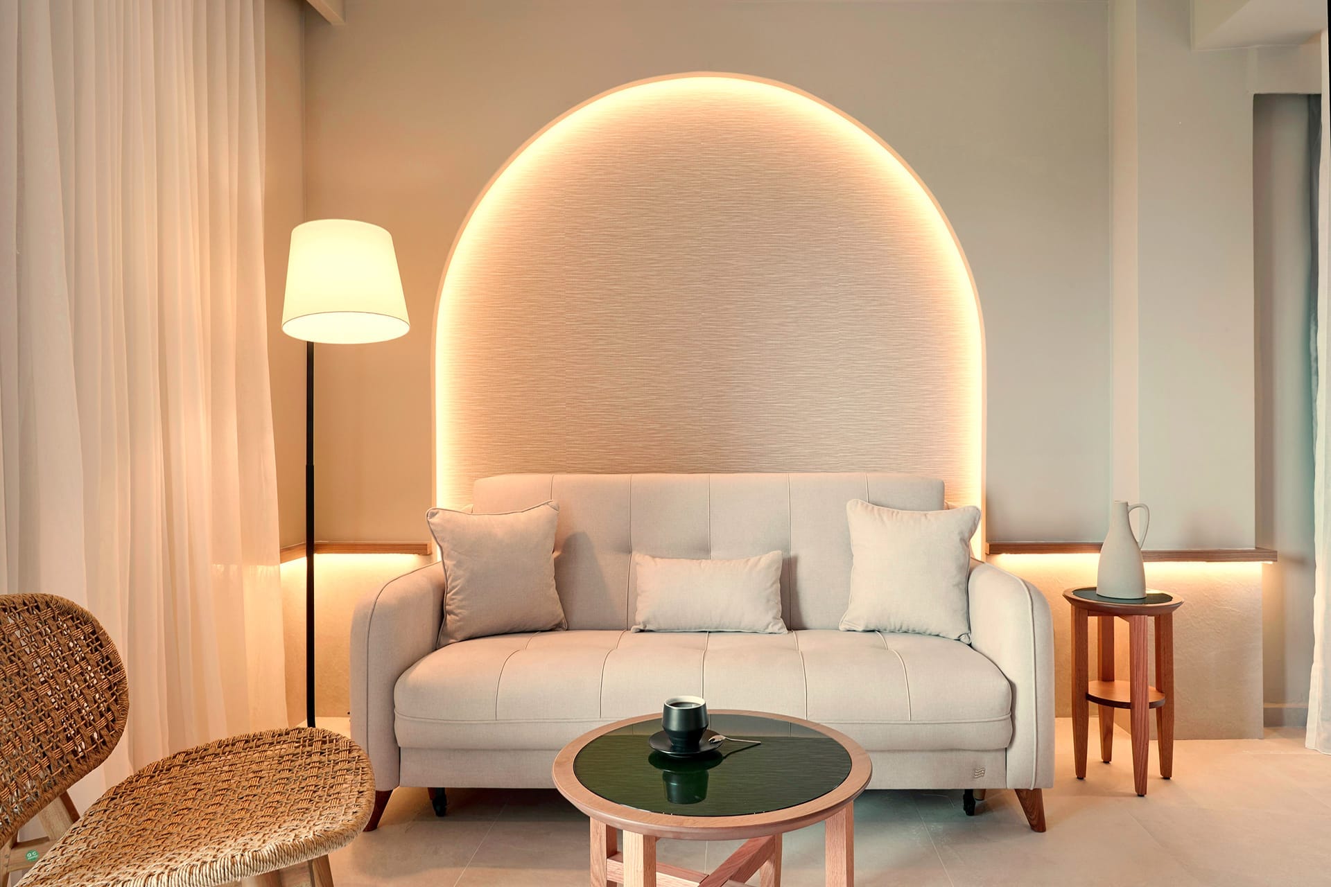 a living room with a white couch