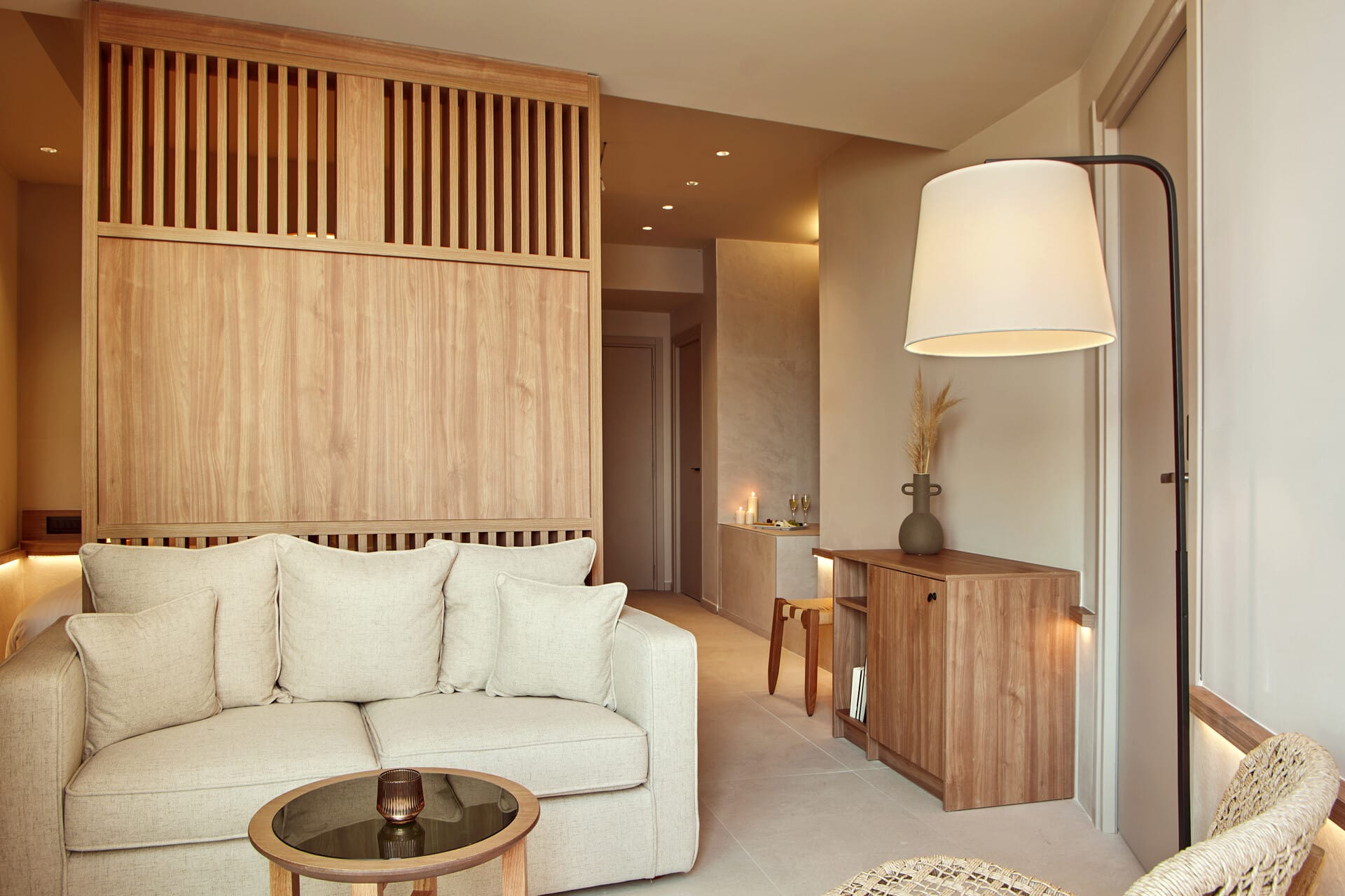 a room with a couch and a table