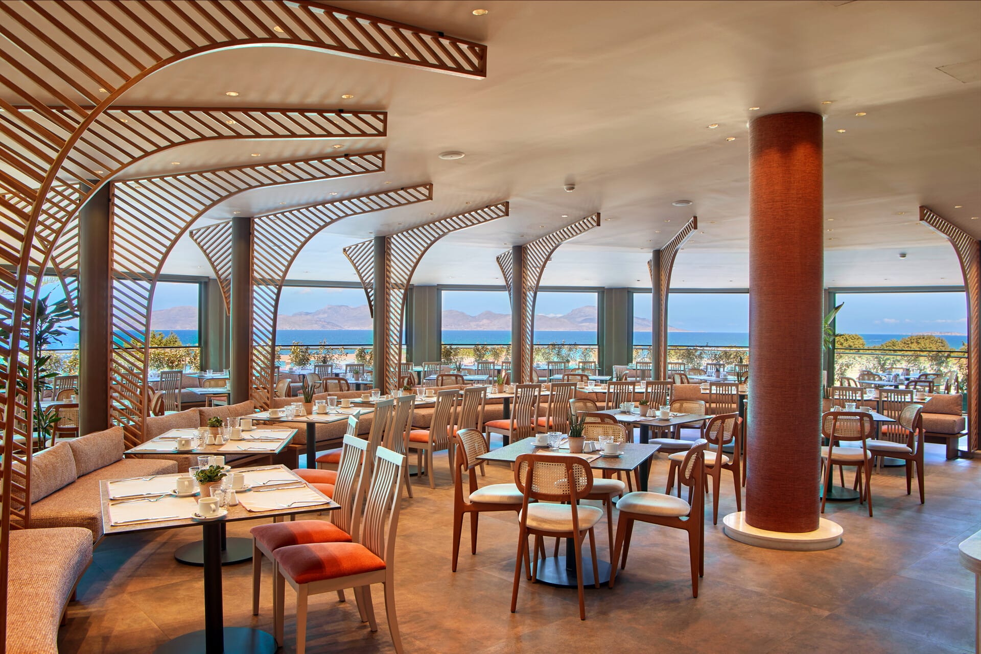 a room with tables and chairs