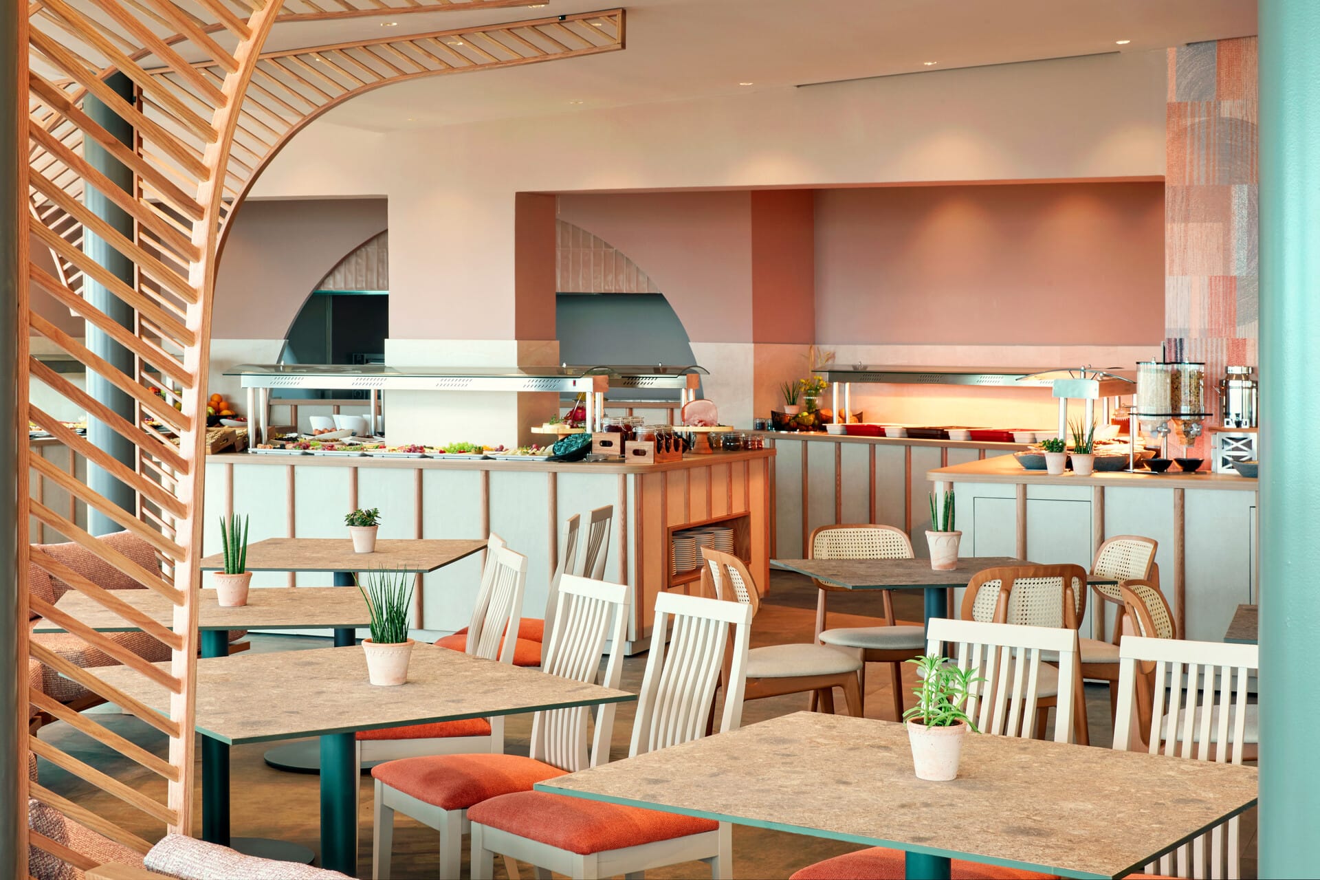 a room with tables and chairs