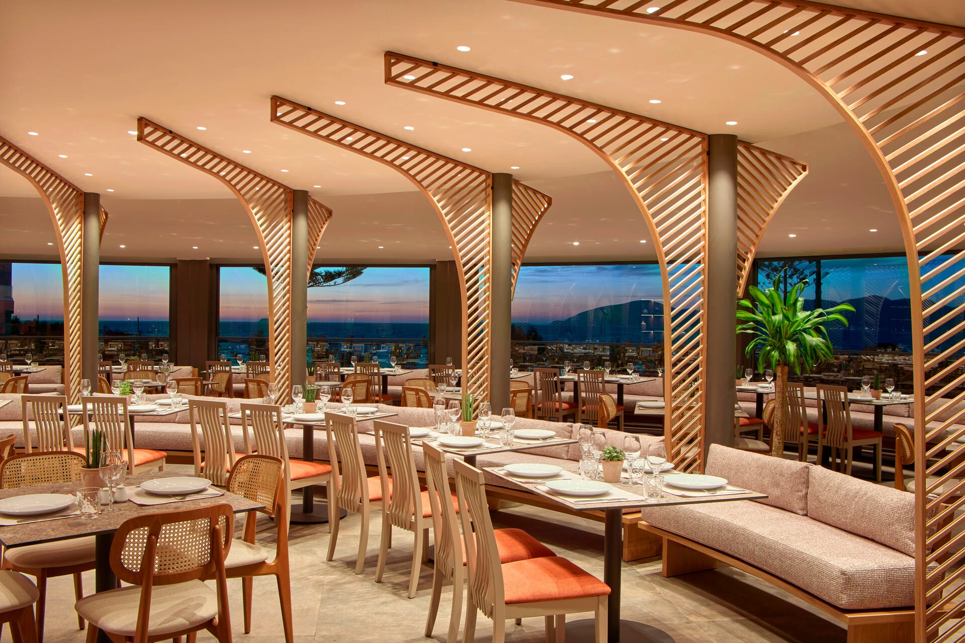 a large room with tables and chairs