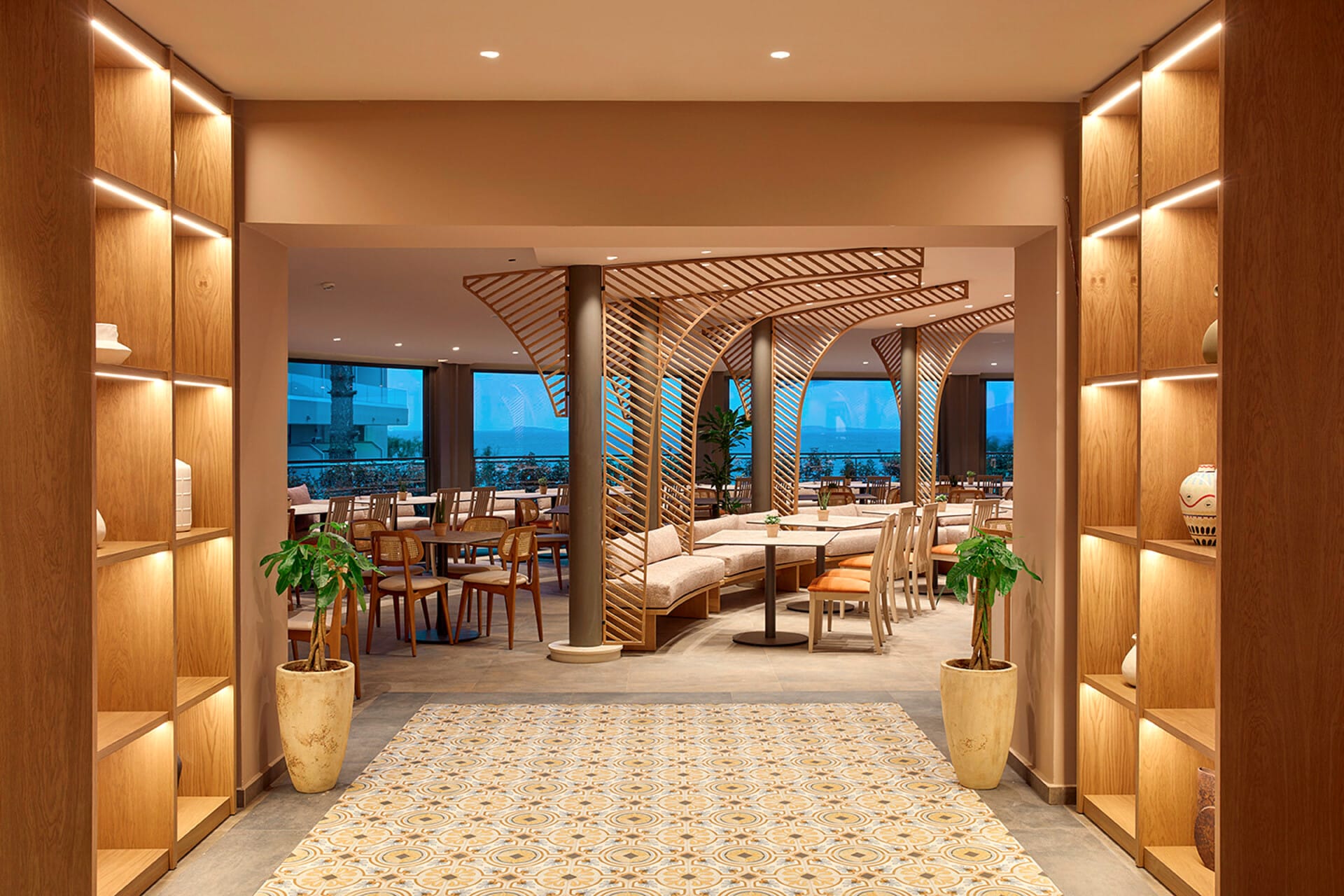 a room with a table and chairs