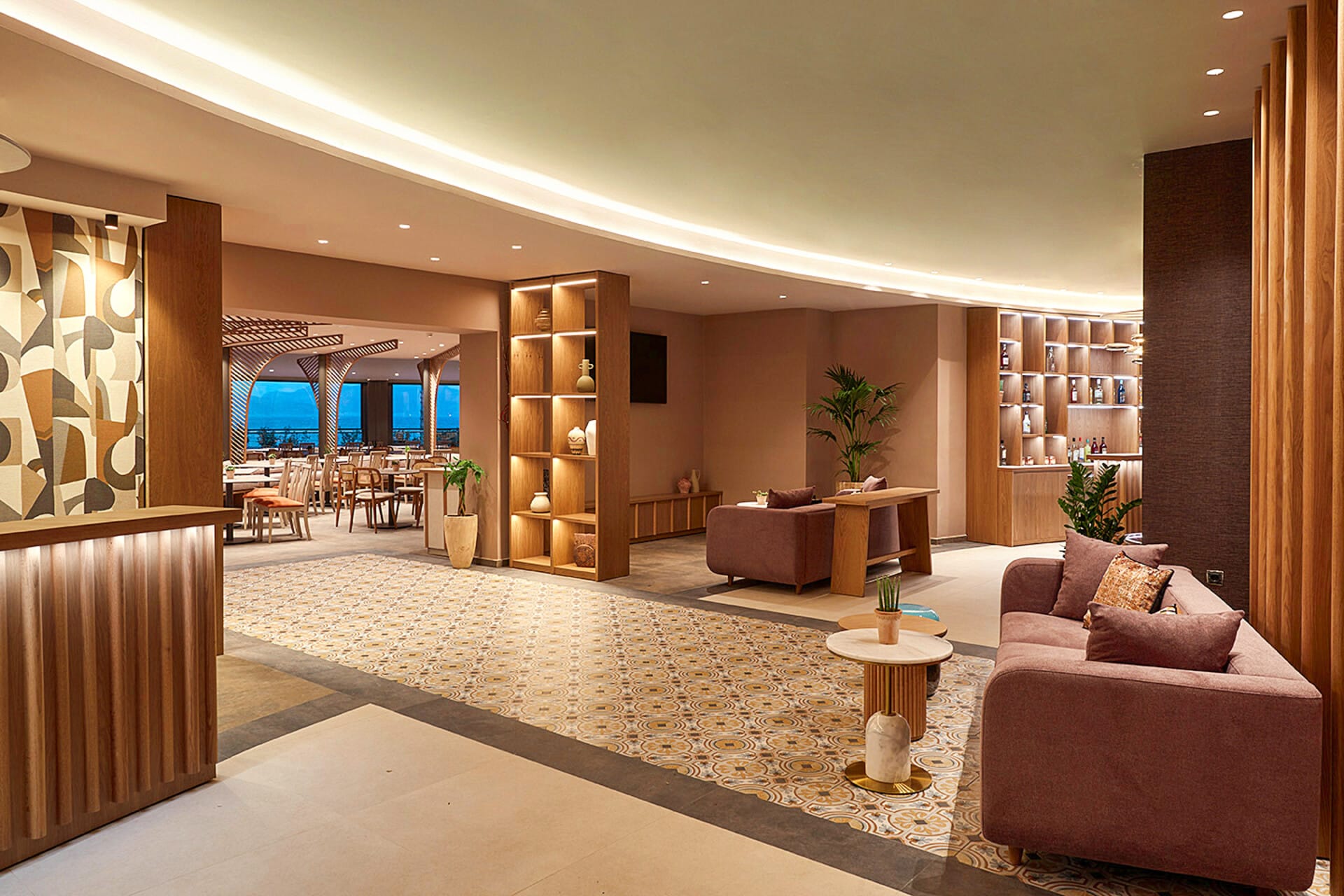 a large room with a large bookcase and a table