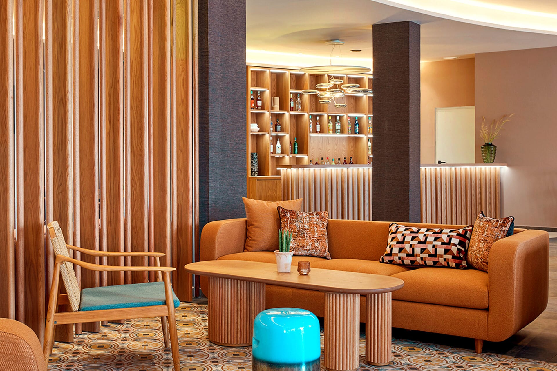 a living room with a couch and a coffee table