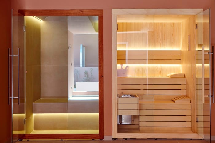 a room with a glass door