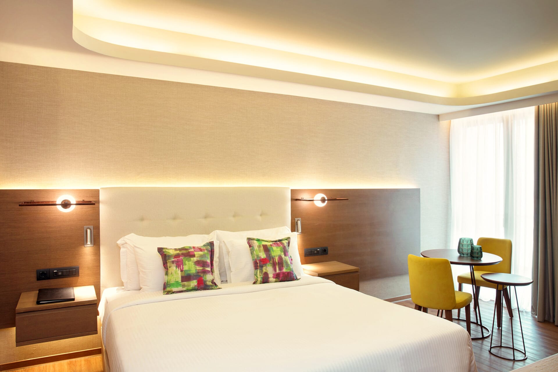 a room with a bed and a table